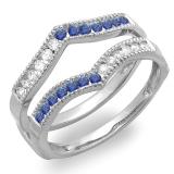 0.45 Carat (ctw) 14k White Gold Round White Diamond & Blue Sapphire Ladies Milgrain Anniversary Wedding Band Guard Double Ring 1/2 CT
