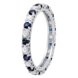 1.50 Carat (ctw) 14K White Gold Round White Diamond & Blue Sapphire Ladies Eternity Wedding Anniversary Stackable Ring Band 1 1/2 CT