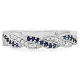 0.25 Carat (ctw) 18k White Gold Round White Diamond & Blue Sapphire Ladies Anniversary Wedding Stackable Band Swirl Ring 1/4 CT