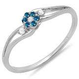 0.10 Carat (ctw) 10k White Gold Round White & Blue Diamond Ladies Bridal Swirl Split Shank Cluster Promise Ring 1/10 CT
