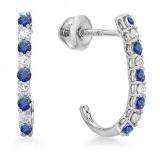 0.40 Carat (ctw) 10K White Gold Round Blue sapphire & White Diamond Ladies Fancy J Shaped Hoop Earrings