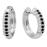 0.30 Carat (ctw) 10k White Gold Round White & Black Diamond Ladies Pave Set Huggies Hoop Earrings 1/3 CT