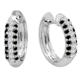 0.30 Carat (ctw) 10k White Gold Round Black & White Diamond Ladies Pave Set Huggies Hoop Earrings 1/3 CT