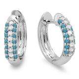 0.30 Carat (ctw) 10k White Gold Round Blue & White Diamond Ladies Pave Set Huggies Hoop Earrings 1/3 CT