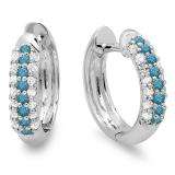 0.30 Carat (ctw) 10k White Gold Round White & Blue Diamond Ladies Pave Set Huggies Hoop Earrings 1/3 CT