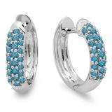 0.30 Carat (ctw) 10k White Gold Round Blue Diamond Ladies Pave Set Huggies Hoop Earrings 1/3 CT