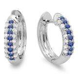 0.30 Carat (ctw) 10k White Gold Round White Diamond & Blue Sapphire Ladies Pave Set Huggies Hoop Earrings 1/3 CT