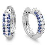 0.30 Carat (ctw) 10k White Gold Round Blue Sapphire & White Diamond Ladies Pave Set Huggies Hoop Earrings 1/3 CT