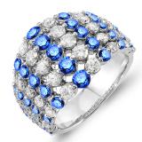 3.25 Carat (ctw) 14k White Gold Round Blue Sapphire & White Diamond Ladies Cocktail Right Hand Ring 3 1/4 CT