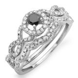 0.60 Carat (ctw) 10k White Gold Round Black & White Diamond Ladies Halo Style Bridal Engagement Ring Matching Band Set