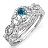 0.60 Carat (ctw) 10k White Gold Round Blue & White Diamond Ladies Halo Style Bridal Engagement Ring Matching Band Set