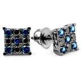 1.00 Carat (ctw) 10k White Gold Round Black Diamond & Blue Sapphire Men's Square Shaped Stud Earrings 1 CT