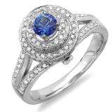 1.25 Carat (ctw) 10K White Gold Round Blue Sapphire and White Diamond Ladies Halo Style Split Shank Vintage Bridal Engagement Ring 1 1/4 CT