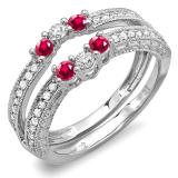 0.60 Carat (ctw) 14k White Gold Round Ruby And White Diamond Ladies Anniversary Wedding Band Enhancer Guard
