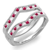 0.45 Carat (ctw) 14k White Gold Round Ruby & White Diamond Ladies Milgrain Anniversary Wedding Band Guard Double Ring 1/2 CT