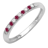 0.15 Carat (ctw) 10k White Gold Round Ruby And White Diamond Ladies Anniversary Wedding Matching Band Stackable Ring