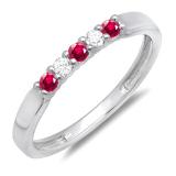 0.25 Carat (ctw) 10k White Gold Round Ruby And White Diamond 5 Stone Ladies Anniversary Wedding Band Ring 1/4 CT