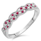 0.25 Carat (ctw) 18k White Gold Round Ruby & White Diamond Ladies Anniversary Wedding Stackable Band Swirl Ring 1/4 CT