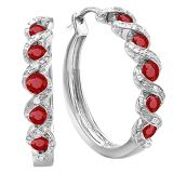 0.86 Carat (ctw) Sterling Silver Round White Diamond & Ruby Ladies Hoop Earrings