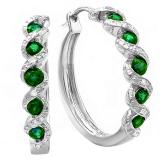 0.86 Carat (ctw) Sterling Silver Round White Diamond & Green Emerald Ladies Hoop Earrings