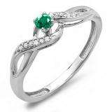 0.20 Carat (ctw) 14k White Gold Round Green Emerald And White Diamond Crossover Swirl Ladies Bridal Promise Engagement Ring 1/5 CT