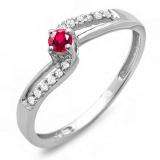 0.20 Carat (ctw) 10k White Gold Round Ruby And White Diamond Wave Ladies Bridal Promise Engagement Ring 1/5 CT