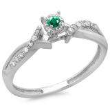 0.15 Carat (ctw) 10k White Gold Round Green Emerald And White Diamond Crossover Split Shank Ladies Bridal Promise Engagement Ring 1/6 CT