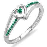 0.10 Carat (ctw) 14K White Gold Round Green Emerald Ladies Bridal Promise Heart Split Shank Engagement Ring 1/10 CT