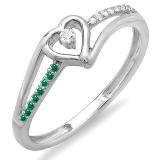 0.10 Carat (ctw) 10K White Gold Round Green Emerald And White Diamond Ladies Bridal Promise Heart Split Shank Engagement Ring 1/10 CT