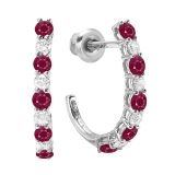 0.50 Carat (ctw) 14K White Gold Round Ruby & White Diamond Ladies Fancy J Shaped Hoop Earrings 1/2 CT