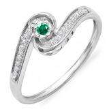 0.15 Carat (ctw) 18k White Gold Round Green Emerald And White Diamond Ladies Swirl Promise Engagement Ring