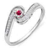 0.15 Carat (ctw) 18k White Gold Round Ruby And White Diamond Ladies Swirl Promise Engagement Ring