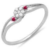 0.10 Carat (ctw) 18k White Gold Round Ruby And White Diamond Ladies Bridal Swirl Split Shank Cluster Promise Ring 1/10 CT