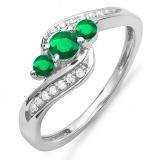 1.00 Carat (ctw) 14k White Gold Round Green Emerald And White Diamond Ladies Swirl Engagement 3 Stone Bridal Ring 1 CT