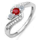 1.00 Carat (ctw) 14k White Gold Round Red Ruby And White Diamond Ladies Swirl Engagement 3 Stone Bridal Ring 1 CT