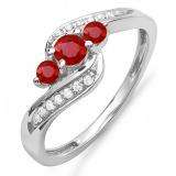 1.00 Carat (ctw) 14k White Gold Round Red Ruby And White Diamond Ladies Swirl Engagement 3 Stone Bridal Ring 1 CT