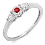 0.20 Carat (ctw) Sterling Silver Round Ruby And White Diamond Ladies 3 stone Engagement Promise Ring 1/5 CT