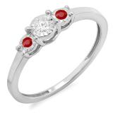 0.20 Carat (ctw) Sterling Silver Round Ruby And White Diamond Ladies 3 stone Engagement Promise Ring 1/5 CT