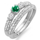 0.85 Carat (ctw) 10k White Gold Round Green Emerald And White Diamond 3 Stone Ladies Bridal Engagement Ring Wedding Band Set