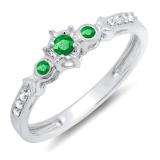 0.20 Carat (ctw) 14k White Gold Round Green Emerald And White Diamond 3 Stone Ladies Bridal Engagement Promise Ring 1/5 CT