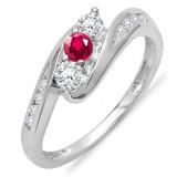 0.50 Carat (ctw) 10k White Gold Round White Diamond And Ruby Ladies Swirl Engagement 3 Stone Bridal Ring 1/2 CT
