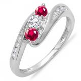0.50 Carat (ctw) 14k White Gold Round White Diamond And Ruby Ladies Swirl Engagement 3 Stone Bridal Ring 1/2 CT