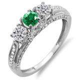 1.00 Carat (ctw) 14k White Gold Round White Diamond And Green Emerald Ladies Vintage Bridal 3 Stone Engagement Ring