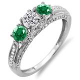 1.00 Carat (ctw) 14k White Gold Round White Diamond And Green Emerald Ladies Vintage Bridal 3 Stone Engagement Ring