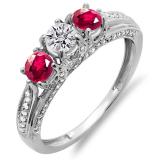 1.00 Carat (ctw) 14k White Gold Round White Diamond And Ruby Ladies Vintage Bridal 3 Stone Engagement Ring
