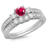 1.15 Carat (ctw) 10k White Gold Round Ruby & White Diamond Ladies Bridal Engagement Ring Matching Band Set