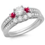 1.15 Carat (ctw) 10k White Gold Round Red Ruby & White Diamond Ladies Bridal Engagement Ring Matching Band Set