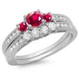 1.15 Carat (ctw) 10k White Gold Round Red Ruby & White Diamond Ladies Bridal Engagement Ring Matching Band Set