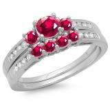 1.15 Carat (ctw) 14k White Gold Round Red Ruby & White Diamond Ladies Bridal Engagement Ring Matching Band Set