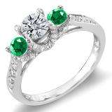 1.00 Carat (ctw) 14k White Gold Round White Diamond And Green Emerald 3 Stone Ladies Bridal Engagement Ring 1 CT